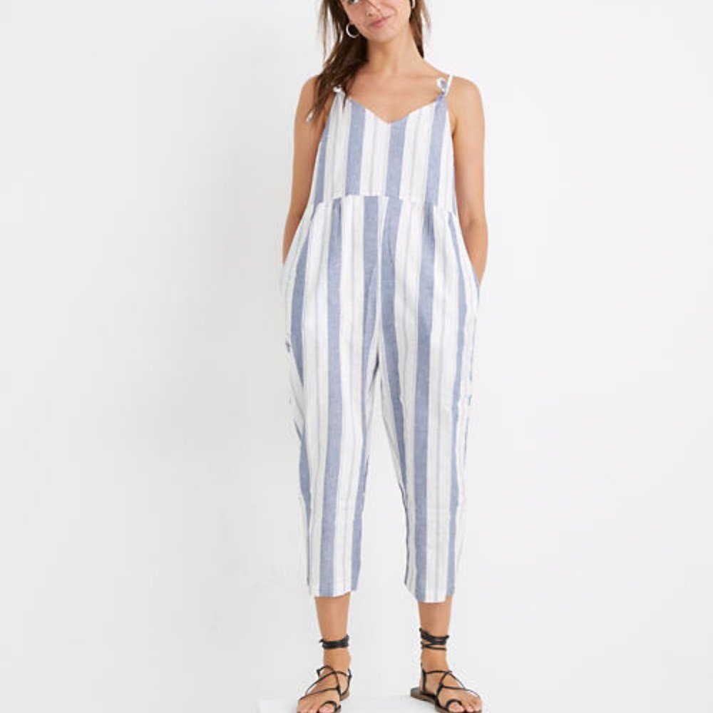 Striped Tie-Strap V-Neck Cover-Up Jumpsuit